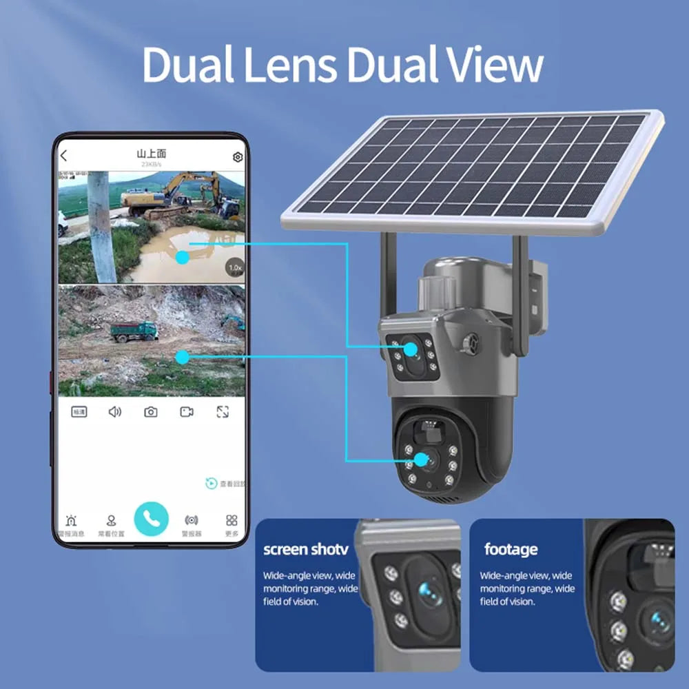 4K 8MP WiFi Solar Camera Dual Lens Dual Screens PTZ Video Cameras Security Protection PIR Human Detection CCTV Surveillance Cam