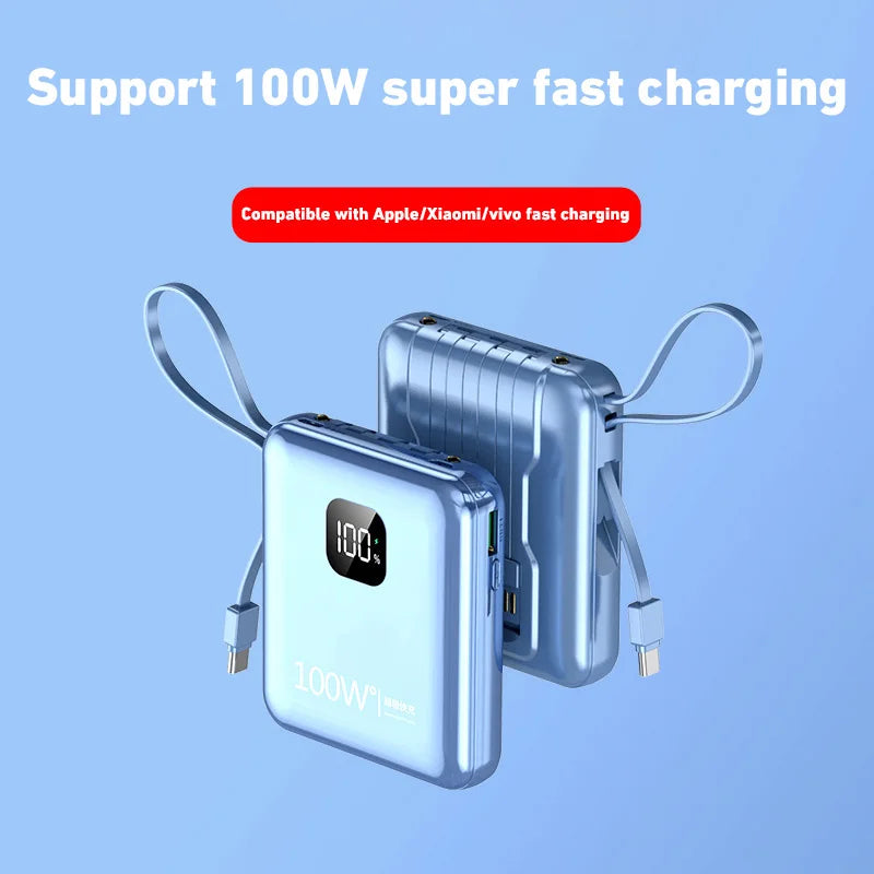 200000mAh Large-capacity Power Bank 100W Super Fast Charge Built-in Cable Portable External Battery For Iphone Samsung Xiaomi