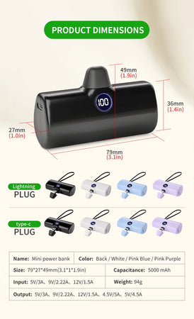 Fast Charge Portable Charger for iPhone Samsung Xiaomi Compact External Spare Battery Built-in Cable Quick Charge Power Bank