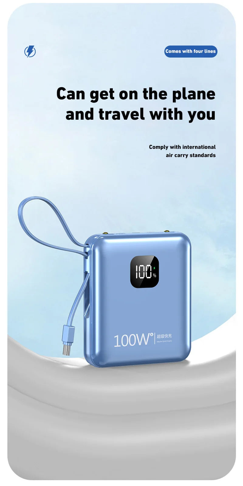 200000mAh Large-capacity Power Bank 100W Super Fast Charge Built-in Cable Portable External Battery For Iphone Samsung Xiaomi