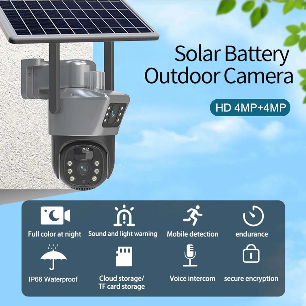 4K 8MP WiFi Solar Camera Dual Lens Dual Screens PTZ Video Cameras Security Protection PIR Human Detection CCTV Surveillance Cam