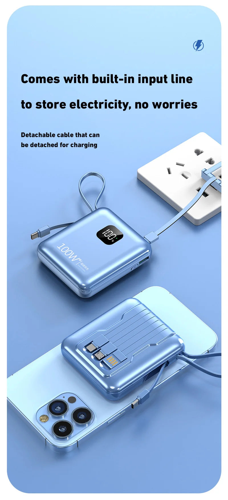 200000mAh Large-capacity Power Bank 100W Super Fast Charge Built-in Cable Portable External Battery For Iphone Samsung Xiaomi