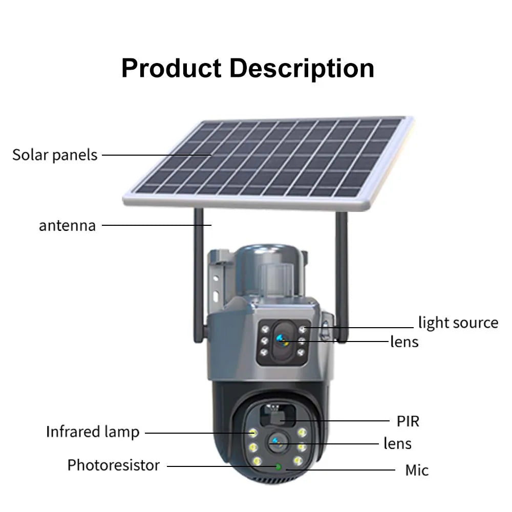 4K 8MP WiFi Solar Camera Dual Lens Dual Screens PTZ Video Cameras Security Protection PIR Human Detection CCTV Surveillance Cam