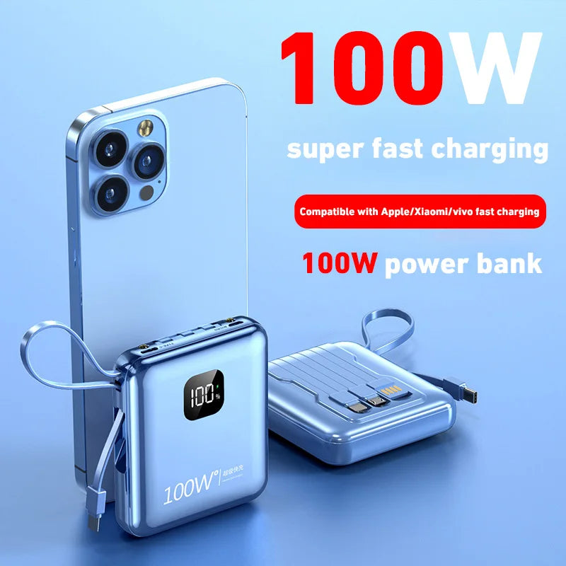 200000mAh Large-capacity Power Bank 100W Super Fast Charge Built-in Cable Portable External Battery For Iphone Samsung Xiaomi